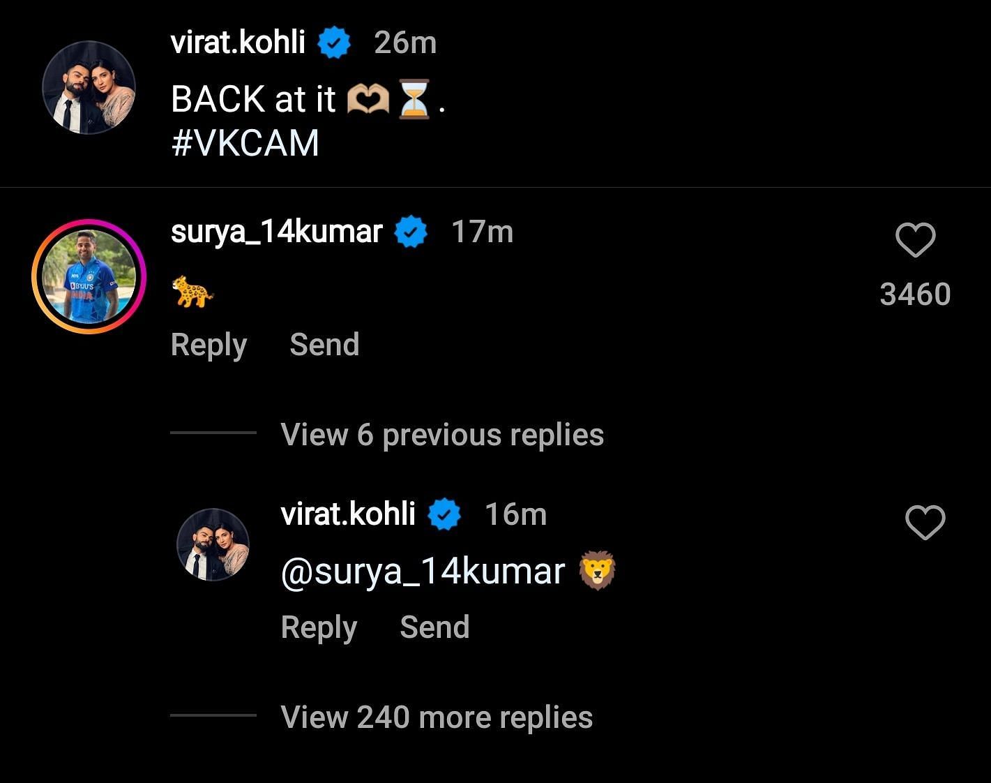 Suryakumar Yadav and Virat Kohli's conversation under the latter's latest Instagram video.